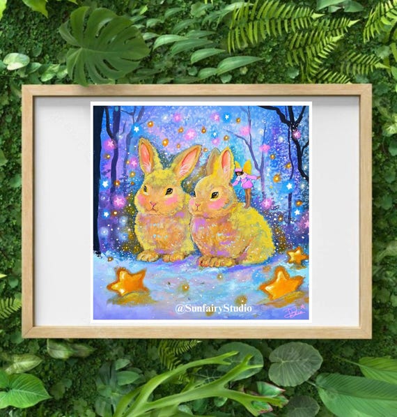 Enchanted Starhoppers Winter Bunny art print, Fantasy art print, illustrated art print, Fairy art, Fantasy artwork, wall art