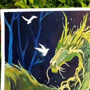 May include: A vibrant painting of a green dragon with yellow accents, set against a dark blue forest background. Two white birds fly near the dragon's head. The artwork has a fantasy theme.