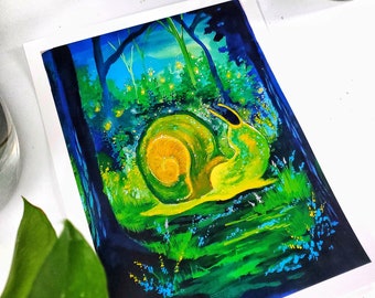 mystical forest snail print, gouache art, enchanted forest print, mustical snail illustration, wall art