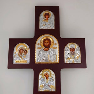 Wooden Cross Stavros with multiple Silver Christian Orthodox Icons / Greek / Handmade