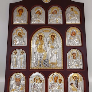 Wooden Kneeling Desk Proskynitari with multiple Silver Christian Orthodox Icons / Greek / Handmade