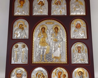 Wooden Kneeling Desk Proskynitari with multiple Silver Christian Orthodox Icons / Greek / Handmade