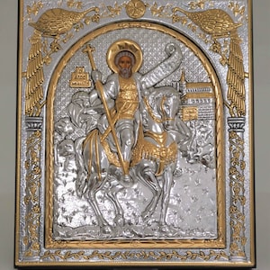 Saint Minas Silver Christian Orthodox Icon / Greek / Handmade