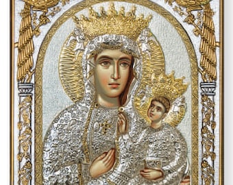Maagd Maria Kecharitomeen Byzantijns zilver christelijk-orthodox icoon / Grieks / handgemaakt