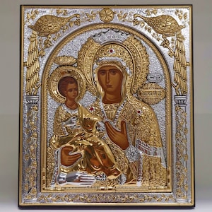 Virgin Mary Three-Handed Silver Christian Orthodox Icon / Greek / Handmade