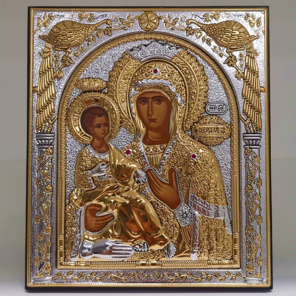 Virgin Mary Three-Handed Silver Christian Orthodox Icon / Greek / Handmade