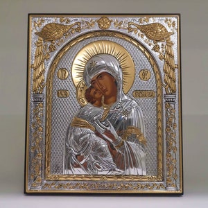 Vergine Maria di Vladimir Vladimirskaya Icona Cristiana Ortodossa in Argento / Greca / Fatta a Mano
