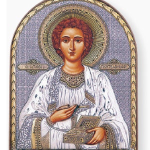 Saint Pantaleon Byzantine Silver Christian Orthodox Icon Plastic Base / Greek / Handmade