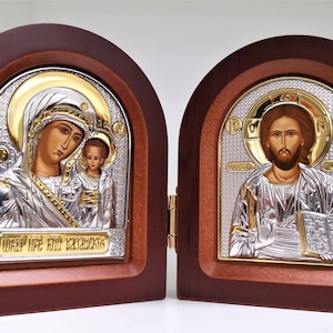 Diptych of Jesus Christ The Wisdom of God and Virgin Mary of Kazan Kazanskaya Byzantine Silver Christian Orthodox Icon / Greek / Handmade
