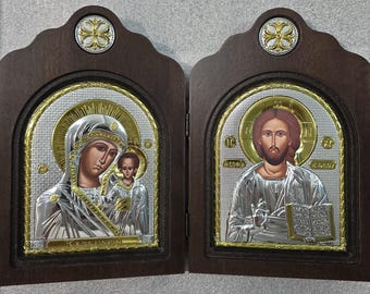 Diptiek van Jezus Christus, de wijsheid van God en de Maagd Maria van Kazan Kazanskaya Byzantijns zilver christelijk-orthodox icoon / Grieks / handgemaakt