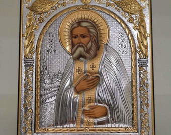Saint Seraphim of Sarov Sarovsky Silver Christian Orthodox Icon / Greek / Handmade