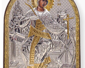 Saint Catherine zilveren christelijk-orthodoxe icoon plastic basis / Grieks / handgemaakt
