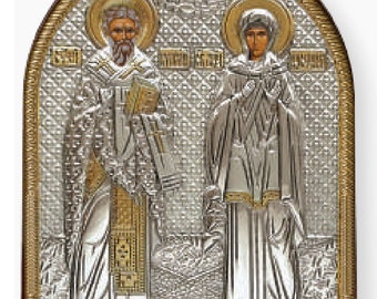 Heiligen Cyprianus en Justina zilveren christelijk-orthodoxe icoon plastic basis / Grieks / handgemaakt