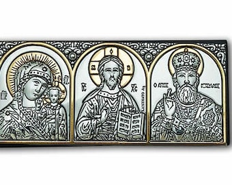 Triptych Christian Silver Icon for Car / Greek / Handmade
