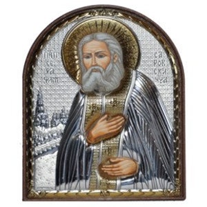 Saint Seraphim of Sarov Sarovsky Silver Christian Orthodox Icon Plastic Base / Greek / Handmade