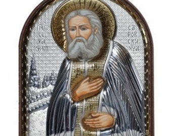 Saint Seraphim of Sarov Sarovsky Silver Christian Orthodox Icon Plastic Base / Greek / Handmade