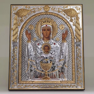 Virgin Mary Inexhaustible Chalice Silver Christian Orthodox Icon / Greek / Handmade
