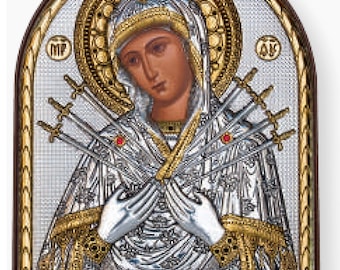 Icono cristiano ortodoxo de plata bizantina de la Virgen María de los Dolores, base de plástico / griego / hecho a mano