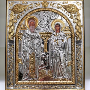 Saints Cyprian and Justina Silver Christian Orthodox Icon / Greek / Handmade