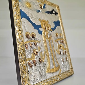 Angled-side of the Silver, Religious, Christian Orthodox Virgin Mary (Our Lady or Theotokos) of Mount Athos icon, made from silver and wood. Handmade in Greece.