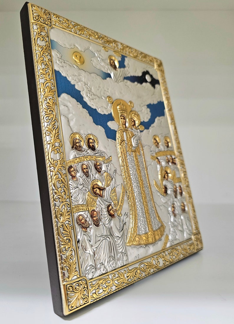 Angled-side of the Silver, Religious, Christian Orthodox Virgin Mary (Our Lady or Theotokos) of Mount Athos icon, made from silver and wood. Handmade in Greece.