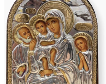 Heilige familie zilveren christelijk-orthodoxe icoon plastic basis / Grieks / handgemaakt
