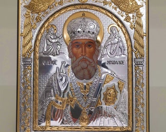 Saint Nicholas Byzantine Silver Christian Orthodox Icon / Greek / Handmade