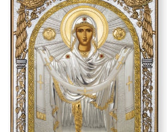Bescherming van de heilige moeder Zilver christelijk-orthodox icoon / Grieks / handgemaakt