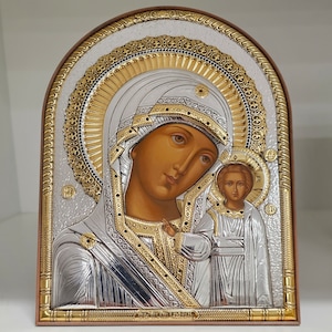 Virgin Mary of Kazan Kazanskaya Silver Christian Orthodox Icon Plastic Base / Greek / Handmade