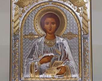 Saint Panteleimon zilver christelijk-orthodox icoon / Grieks / handgemaakt