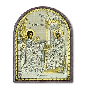 Annunciation of Our Lady Silver Christian Orthodox Icon Plastic Base / Greek / Handmade