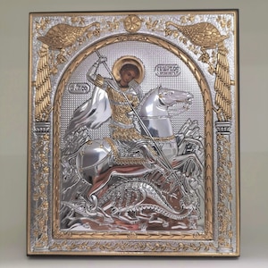 Saint George Silver Christian Orthodox Icon / Greek / Handmade