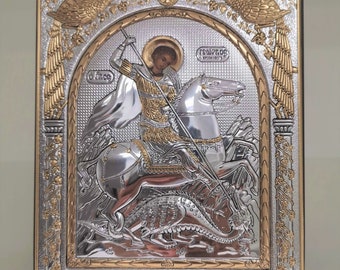 Saint George Silver Christian Orthodox Icon / Greek / Handmade