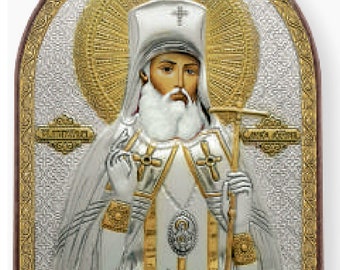 Sint-Lucas de Gezegende Chirurg zilveren christelijk-orthodoxe icoon plastic basis / Grieks / handgemaakt