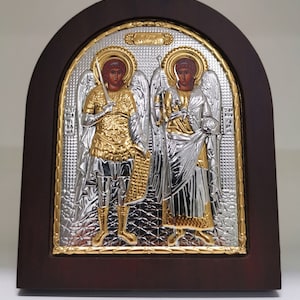 Archangels Michael & Gabriel Silver Christian Orthodox Icon / Greek / Handmade