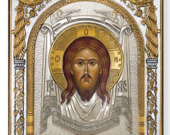 De Heilige Mandylion Byzantijnse zilveren christelijk-orthodoxe icoon/Grieks/handgemaakt