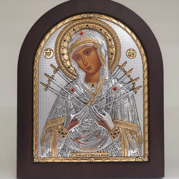 Icona cristiana ortodossa in argento della Vergine Maria dei Dolori / Greca / Fatta a mano