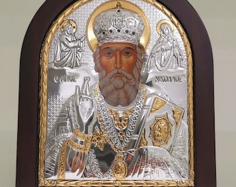 Saint Nicholas Byzantine Silver Christian Orthodox Icon / Greek / Handmade
