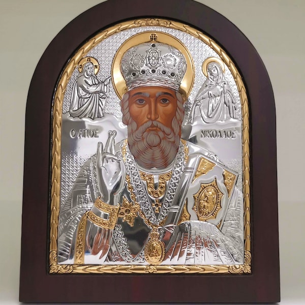 Sankt Nikolaus Byzantinische Silber Christlich-Orthodoxe Ikone / griechisch / Handgemacht