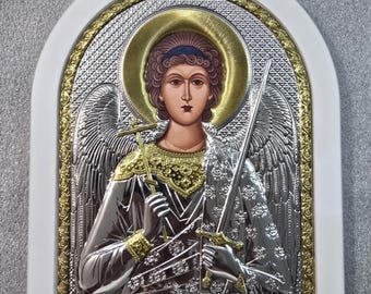 Beschermengel Byzantijns zilver christelijk-orthodox icoon / Grieks / handgemaakt / witte basis