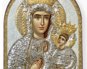 Maagd Maria Kecharitomeen Byzantijns zilver christelijk-orthodox icoon Kunststof voet / Grieks / handgemaakt