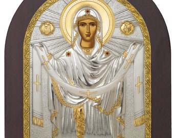 Bescherming van de heilige moeder Zilver christelijk-orthodox icoon / Grieks / handgemaakt