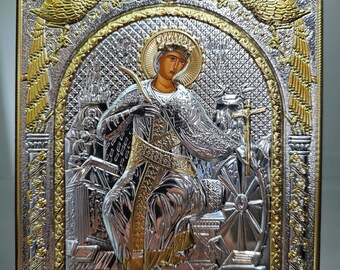 Saint Catherine Byzantijns zilver christelijk-orthodox icoon / Grieks / handgemaakt