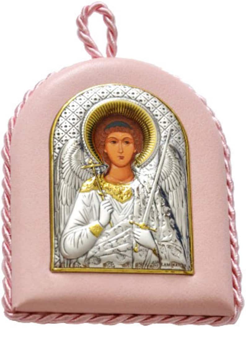 Pink variation of the Silver, Religious, Christian Orthodox Guardian Angel baby gift icon, made from silver and leather.