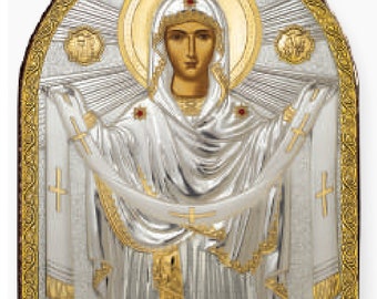 Bescherming van de Heilige Moeder Zilver christelijk-orthodox icoon Kunststof basis / Grieks / handgemaakt