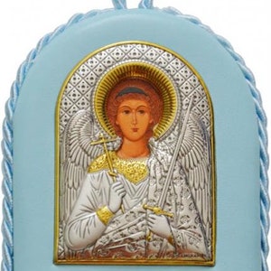 Blue variation of the  Silver, Religious, Christian Orthodox Guardian Angel baby gift icon, made from silver and leather.