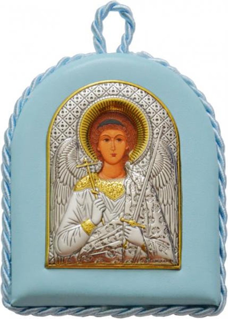 Blue variation of the  Silver, Religious, Christian Orthodox Guardian Angel baby gift icon, made from silver and leather.