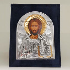 Jesus Christ Velvet Folding Case Silver Christian Orthodox Icon / Greek / Handmade