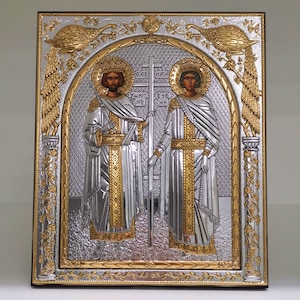 Saints Constantine and Helen Byzantine Silver Christian Orthodox Icon / Greek / Handmade