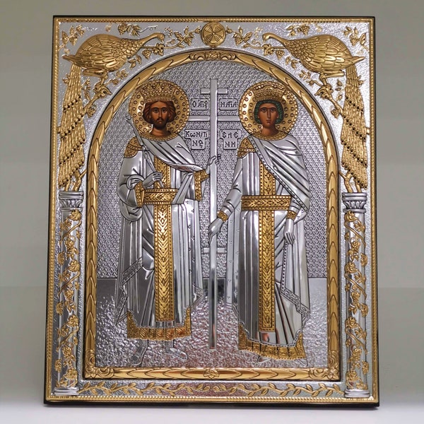 Saints Constantine and Helen Byzantine Silver Christian Orthodox Icon / Greek / Handmade